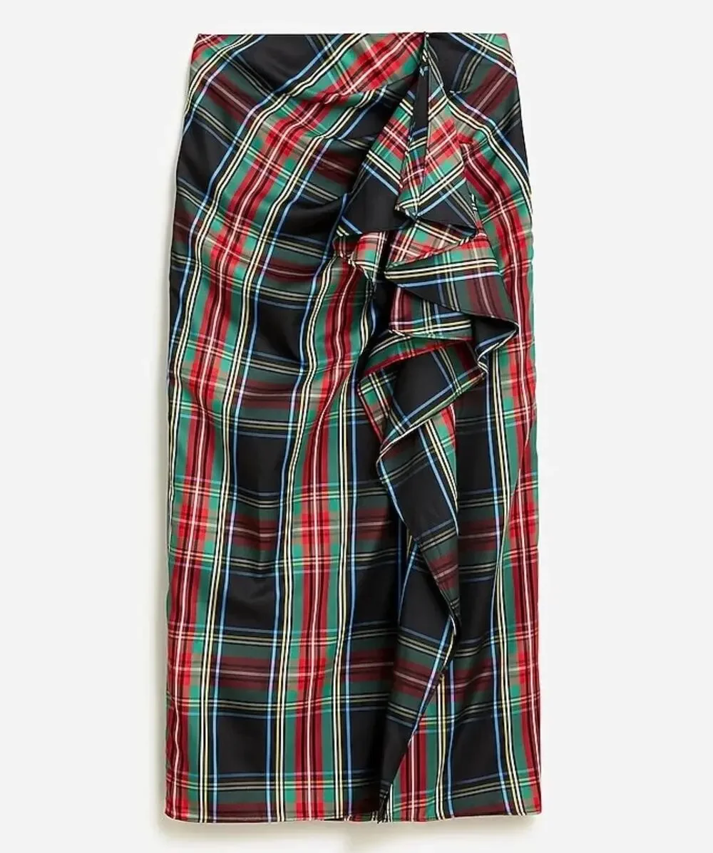 J. Crew Collection NWOT Stewart Black Red Green Tartan Long Ruffle Skirt 6 BD527